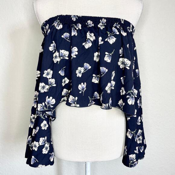 LF Love Floral Bardot Flutter Top Navy Print Size Small New - Picture 8 of 9